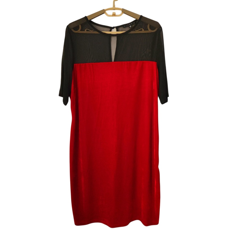 Tiana B 90s Velvet Dress Sz XL Red Black Mesh Midi Sheath Y2K Whimsigoth Witchy
